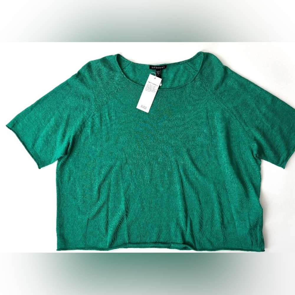Eileen Fisher Nwt Organic Linen Cotton Elbow Sleeve Pullover Top Knit Green